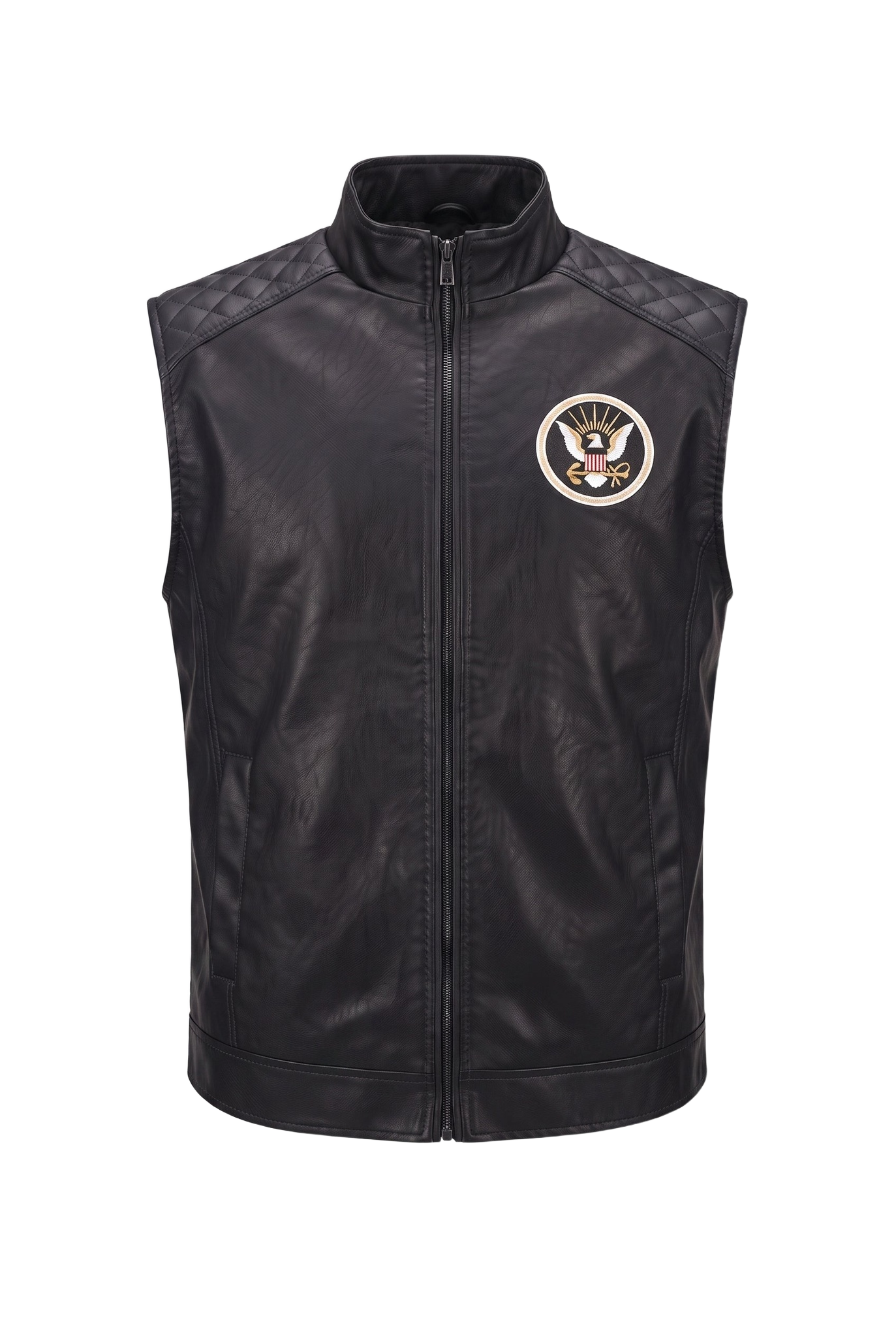 Navy handmade leather vest - front (transparent)