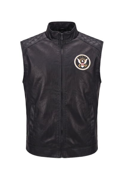 Navy handmade leather vest - front (transparent)
