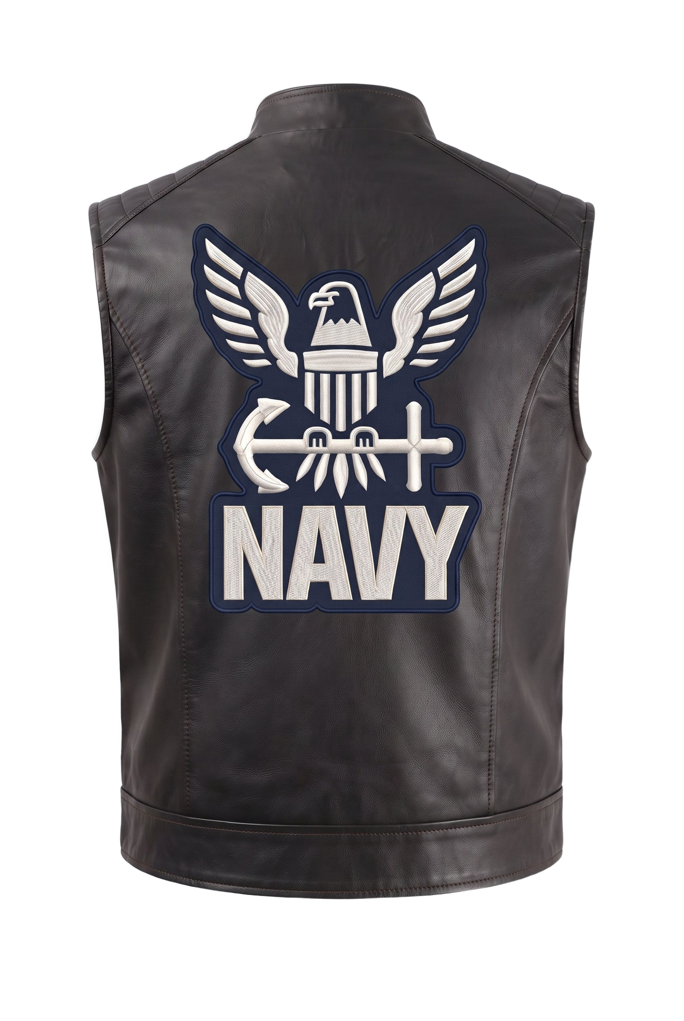 Navy handmade leather vest - back emblem (transparent)