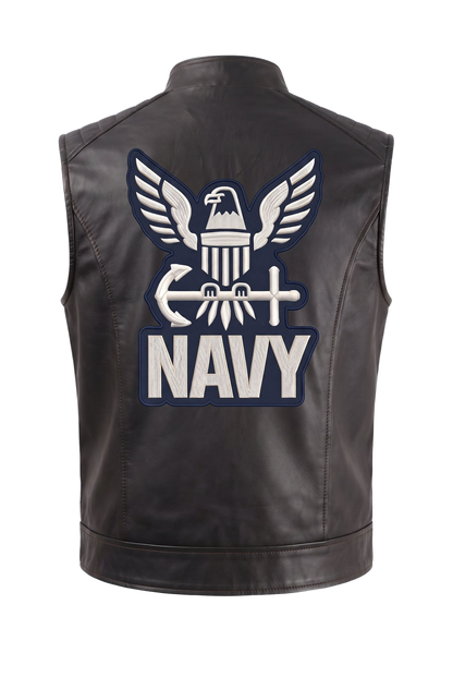 Navy handmade leather vest - back emblem (transparent)