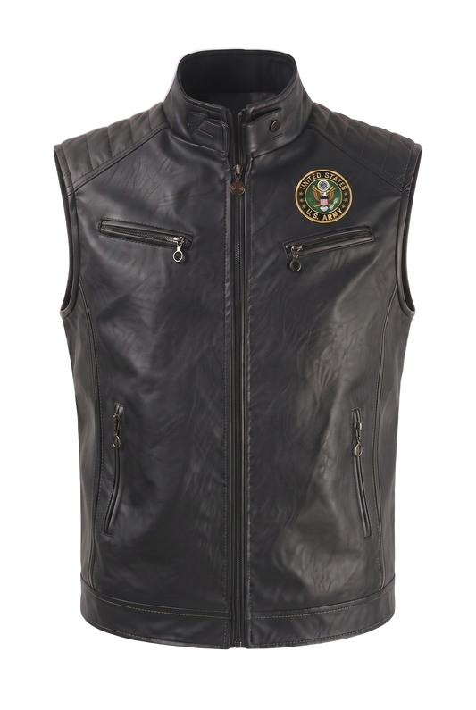 Army all-black leather vest - front