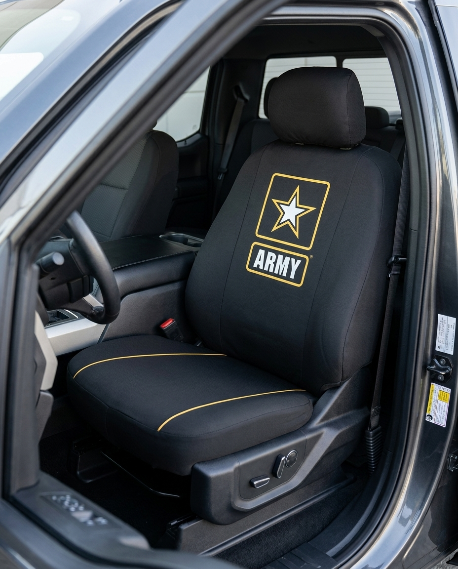 U.S. Army seat cover installed on a truck driver seat