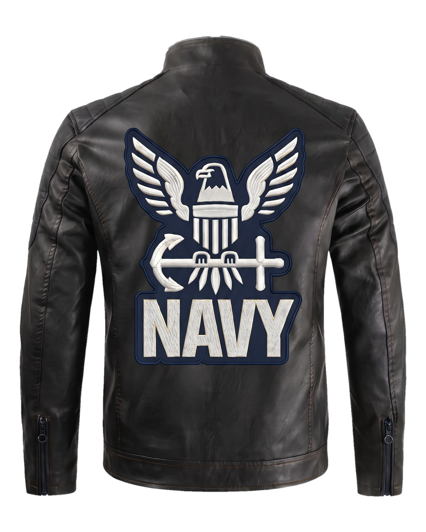 Navy all-black handmade leather jacket - back emblem