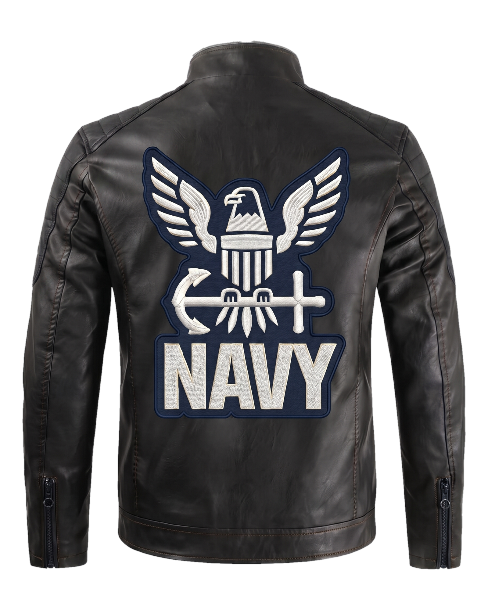 Navy all-black handmade leather jacket - back emblem