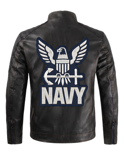 Navy all-black handmade leather jacket - back emblem