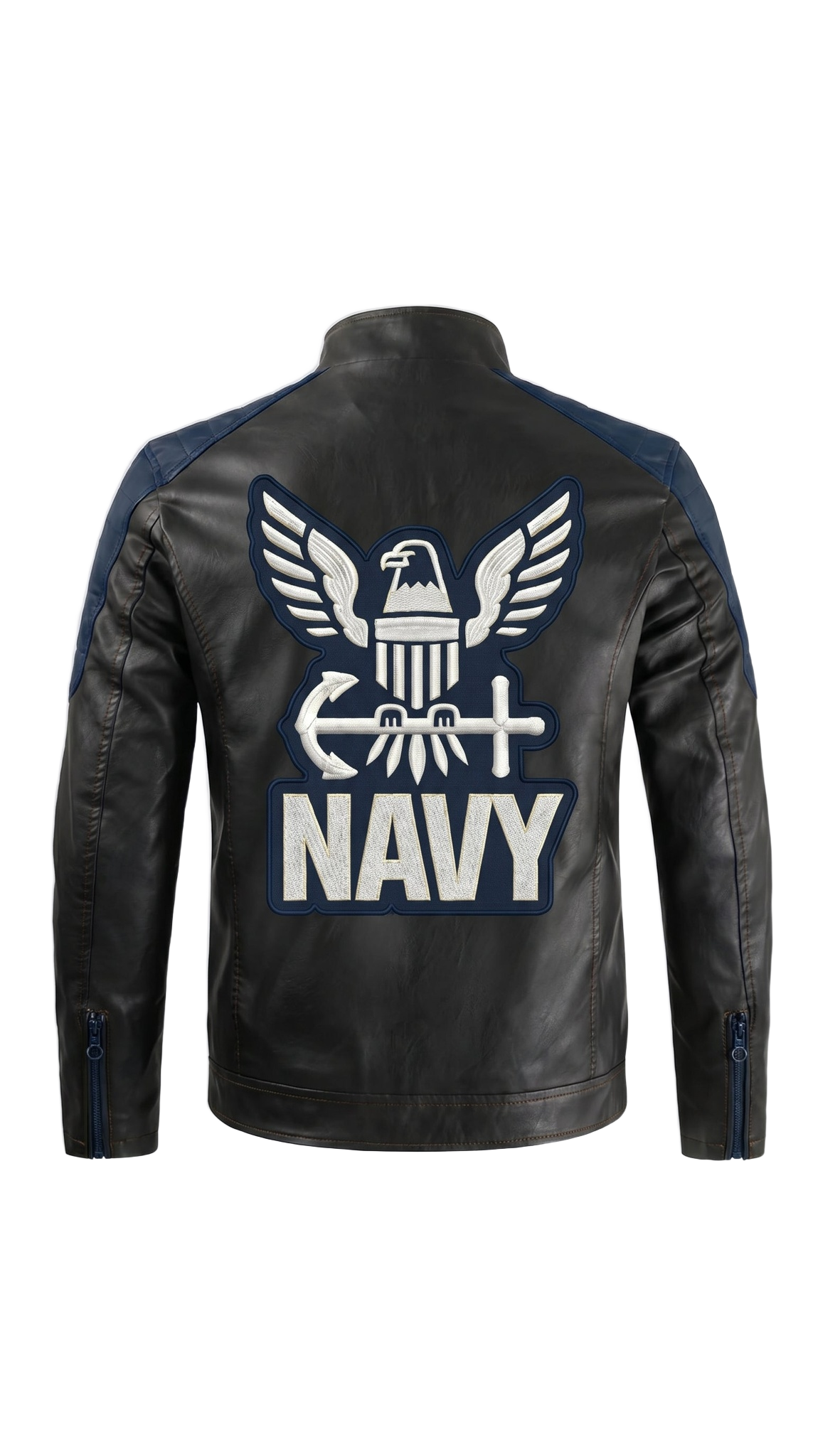 Navy handmade leather jacket - back emblem
