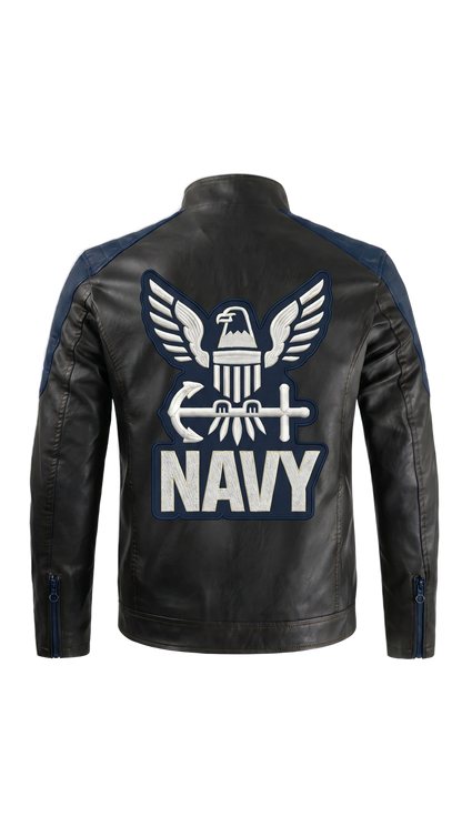 Navy handmade leather jacket - back emblem