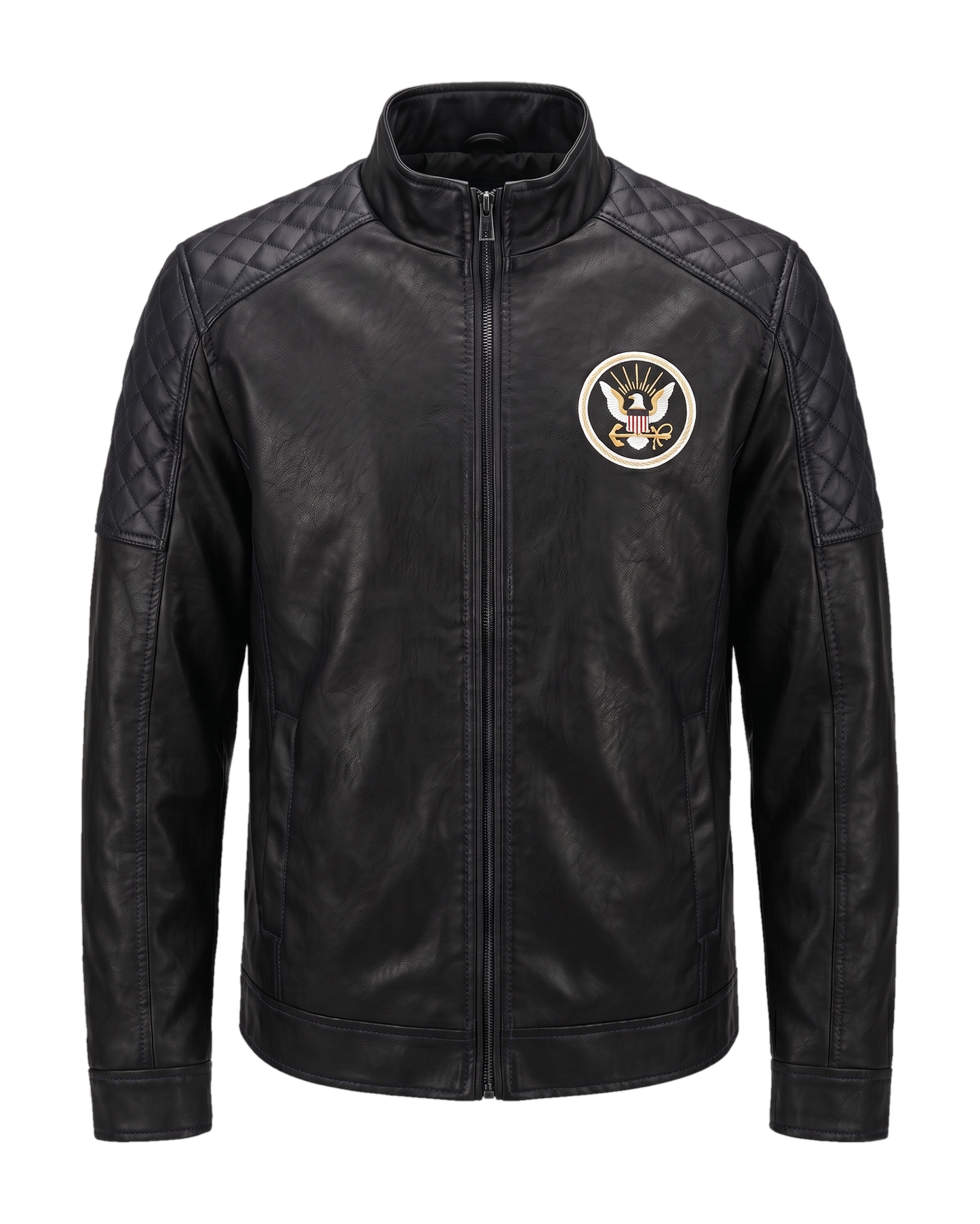 Navy all-black handmade leather jacket - front