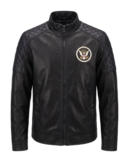 Navy all-black handmade leather jacket - front