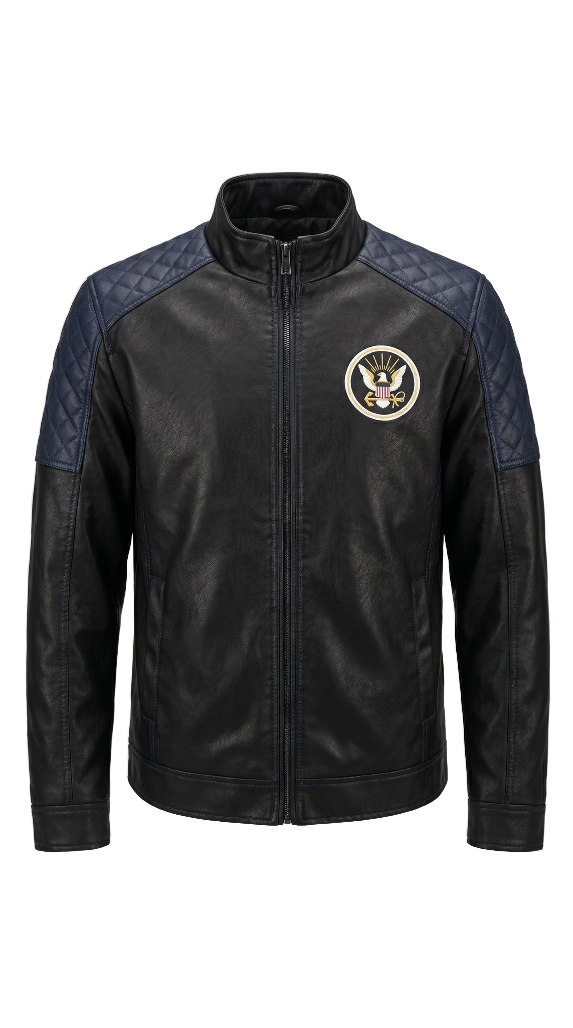 Navy handmade leather jacket - front