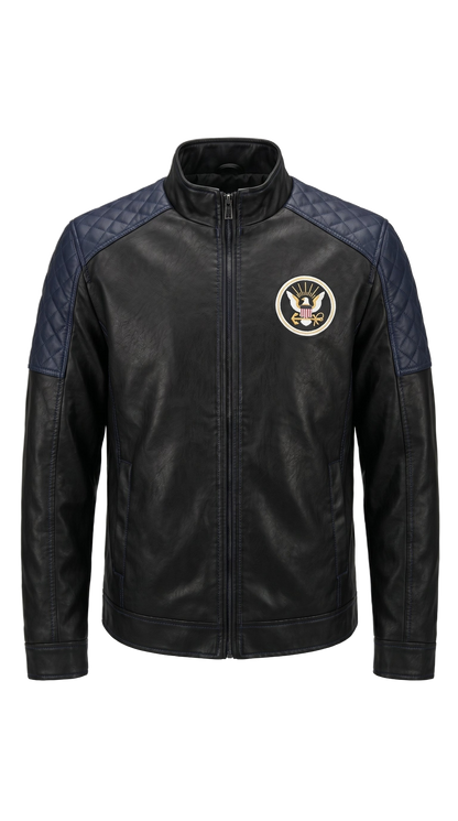 Navy handmade leather jacket - front