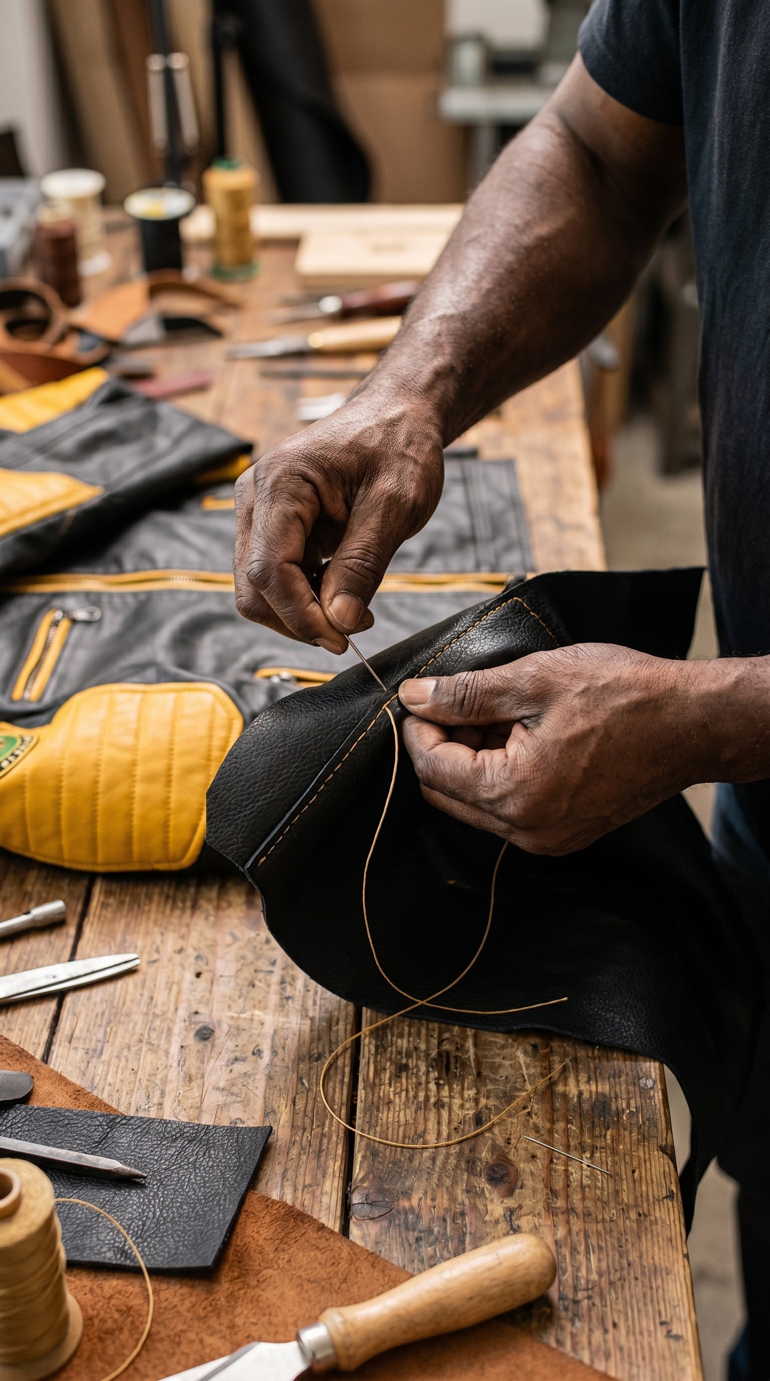 Veteran hand-stitching a leather jacket