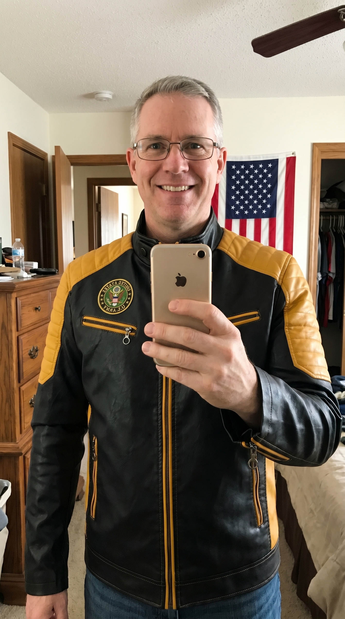 Customer wearing Army jacket