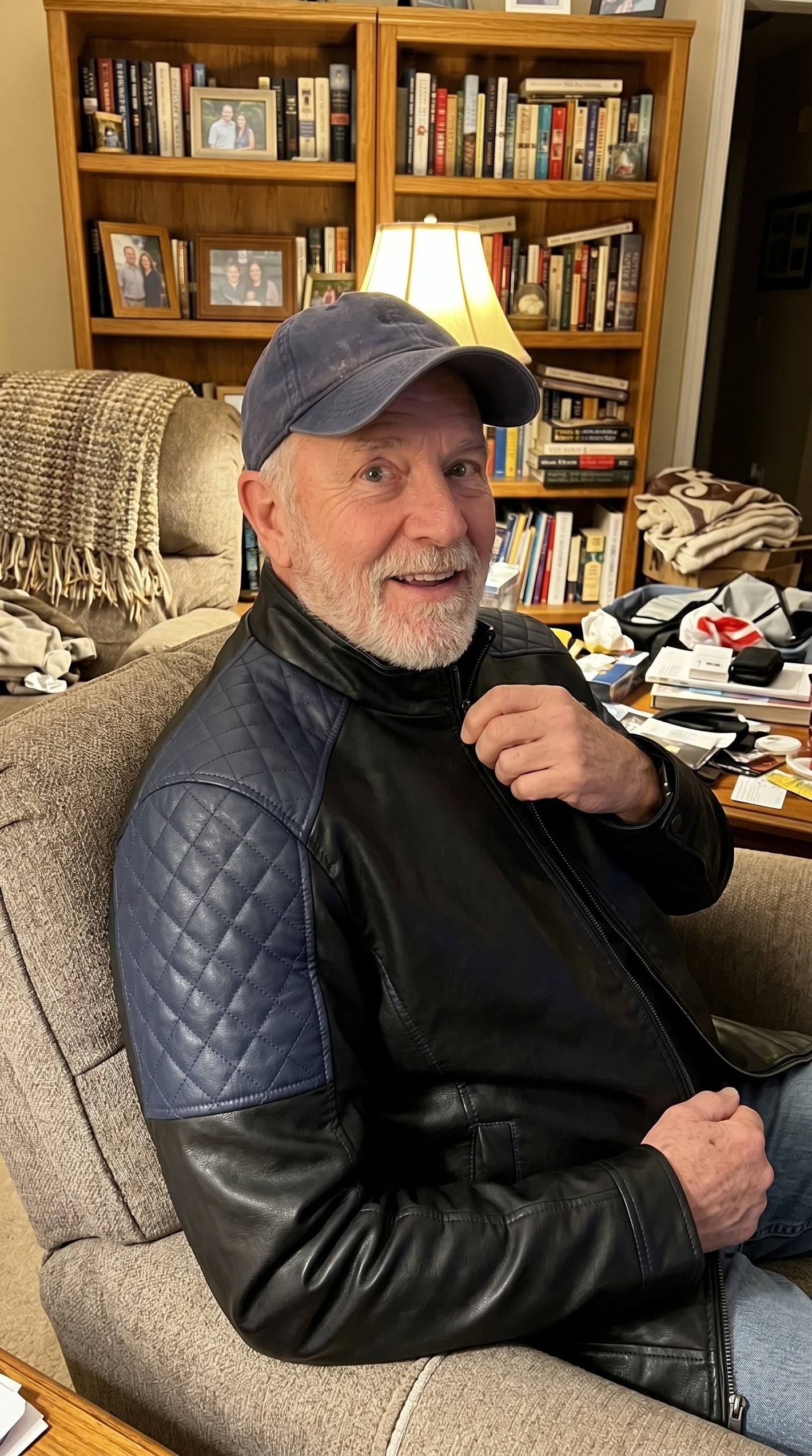 Customer wearing Navy jacket